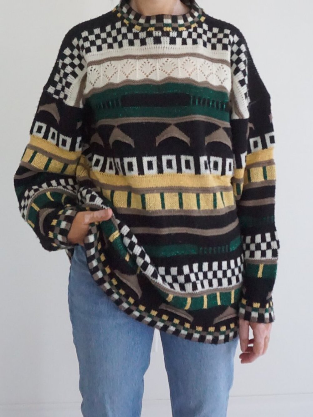 Vintage Arielle Black Cream Gold Geometric Checker Metallic Fair Isle Sweater M